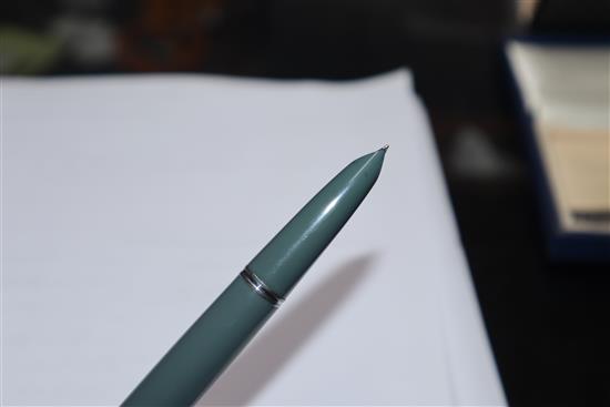 A Dunhill gold-plated fountain pen, 14ct gold nib, a miniature guilloche enamel propelling pencil and eight other items